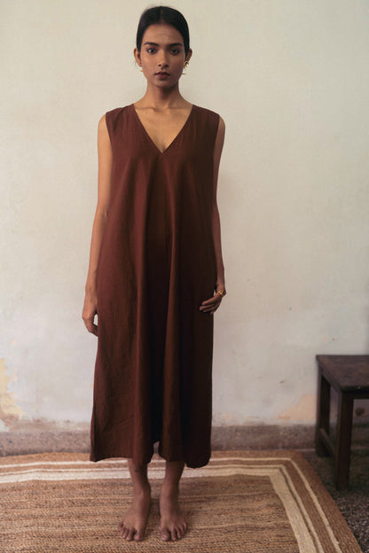 Clay | V Neck Brown Midi Length Cotton Dress