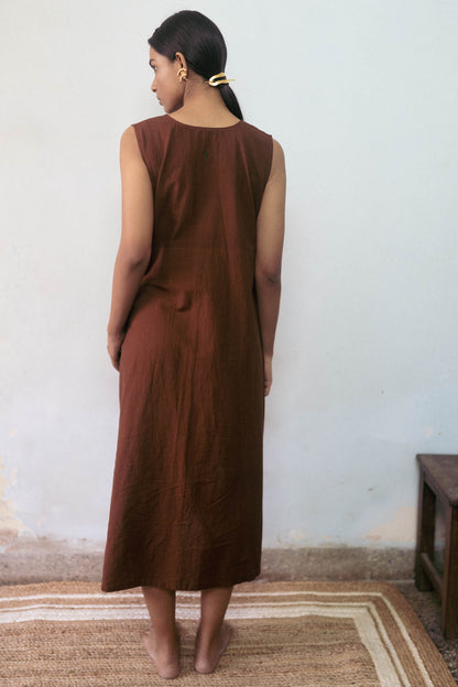 Clay | V Neck Brown Midi Length Cotton Dress