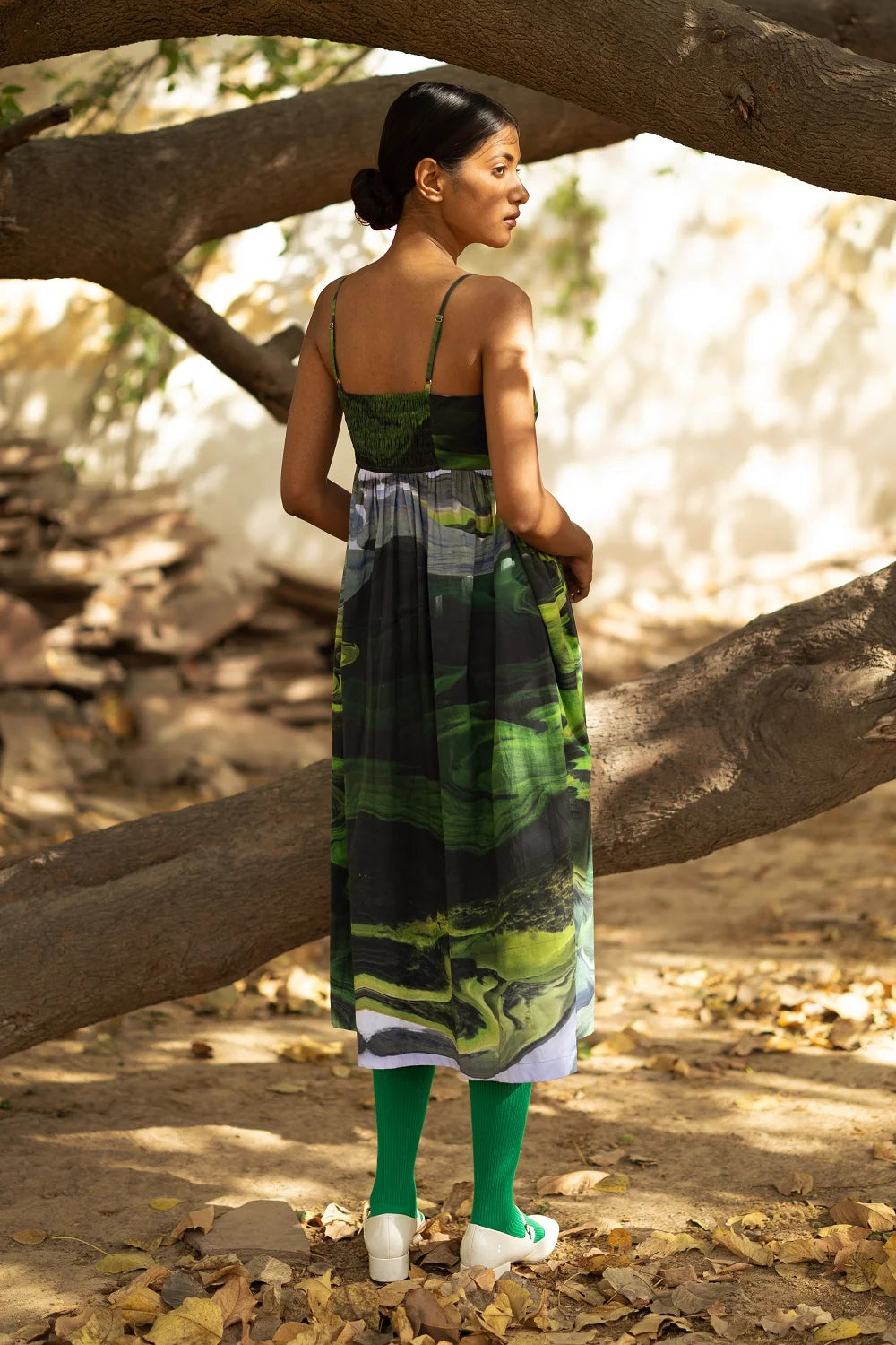 Ella | Printed Fit and Flare Green Dress