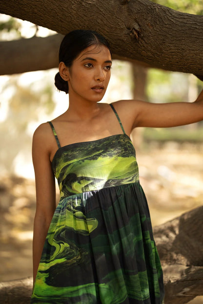 Ella | Printed Fit and Flare Green Dress